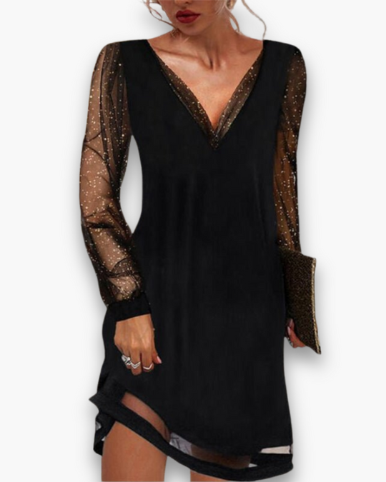 Damen Elegantes Abendkleid Mit Durchsichtigen Ärmeln | Lang