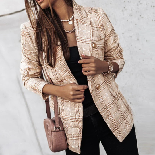 Damen Kariertes Blazer Jacket mit Taschen | Langer Schnitt
