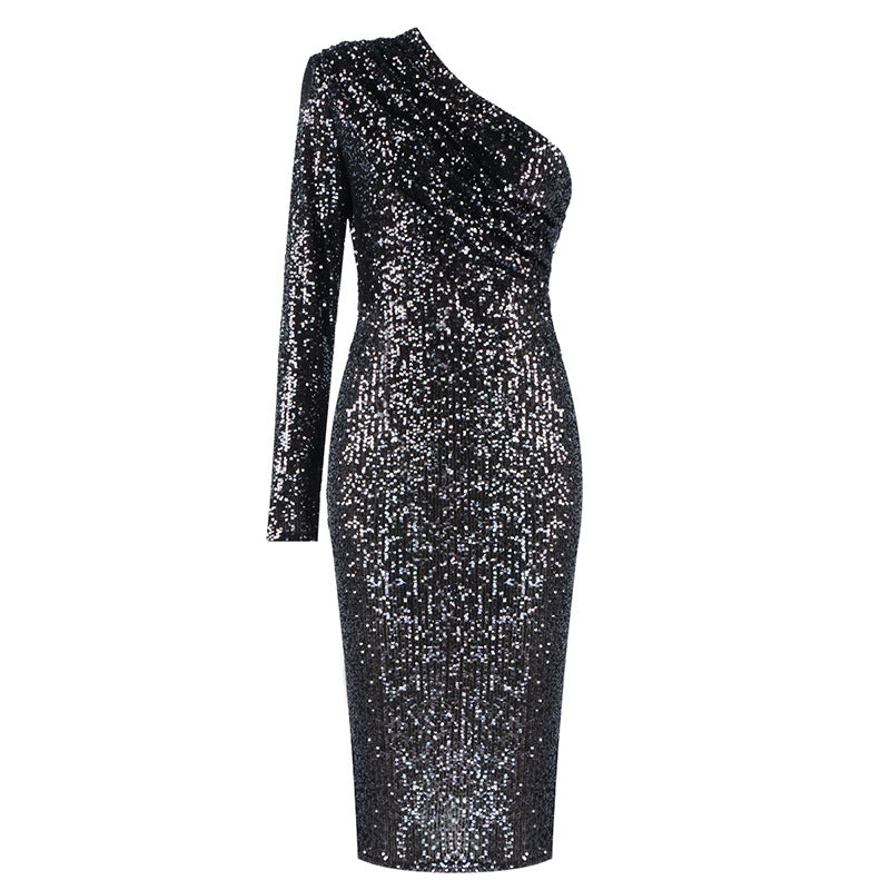 Damen Pailletten Abendkleid | One-Shoulder Etuikleid Knielang