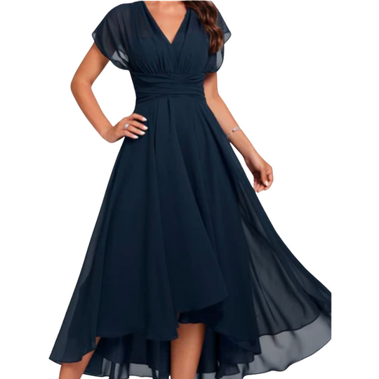 Abendkleid Damen | Midi mit V-Ausschnitt und Kurzen Ärmeln