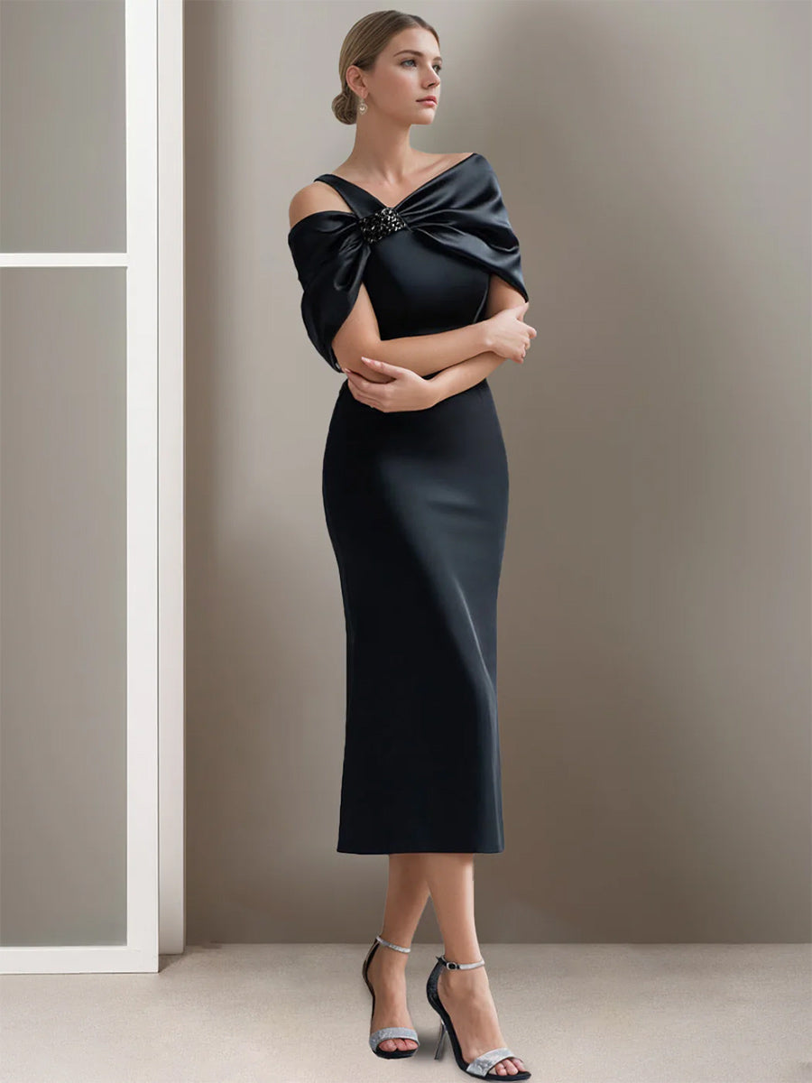 Damen Abendkleid | Schulterfreies Midikleid mit Kurzarm
