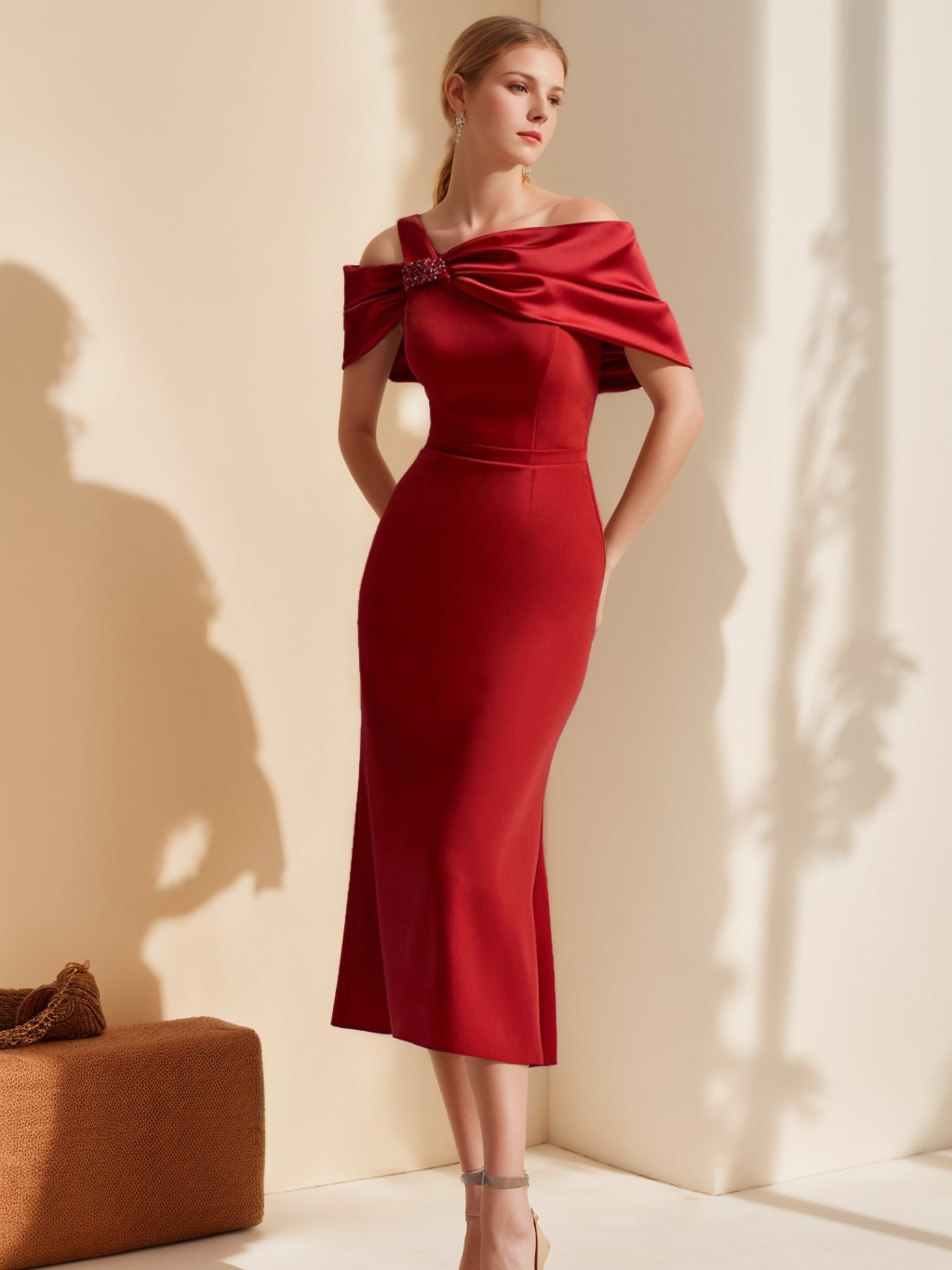 Damen Abendkleid | Schulterfreies Midikleid mit Kurzarm