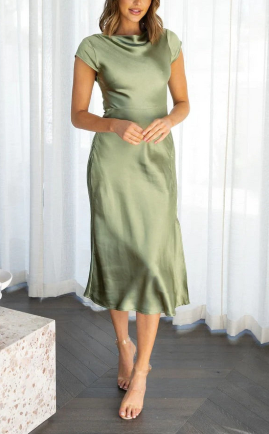 Damen Abendkleid mit Rundhalsausschnitt und Cap Sleeves | Midi