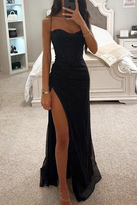 Damen Abendkleid mit Spaghettiträgern und Seitenschlitz | Maxi