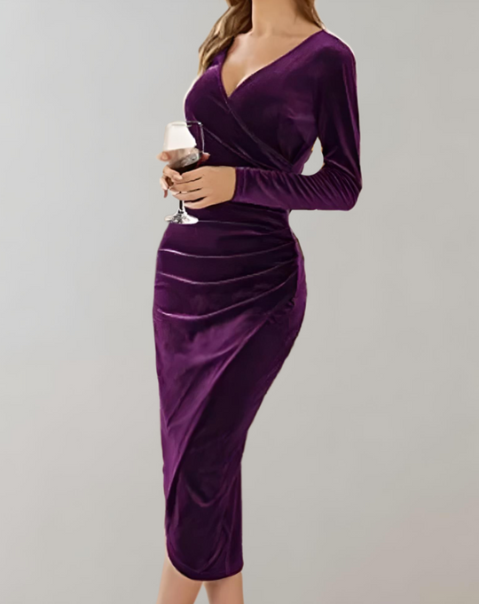 Damen Abendkleid mit V-Ausschnitt und Faltenoptik | Midi