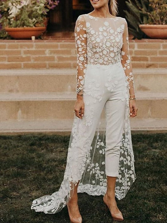 Damen Brautanzug mit Spitze und Schleppe | Jumpsuit Langarm