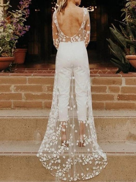 Damen Brautanzug mit Spitze und Schleppe | Jumpsuit Langarm