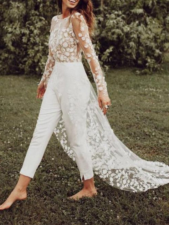 Damen Brautanzug mit Spitze und Schleppe | Jumpsuit Langarm