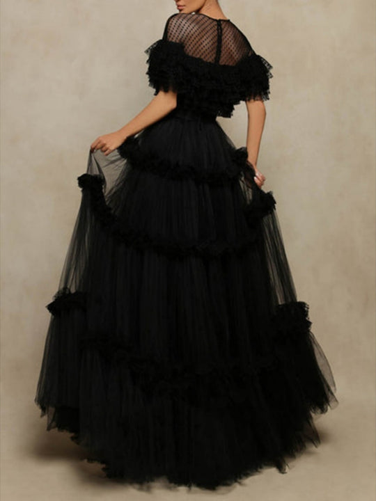 Damen Ballkleid mit Rundhalsausschnitt und Stufenrock | Maxi