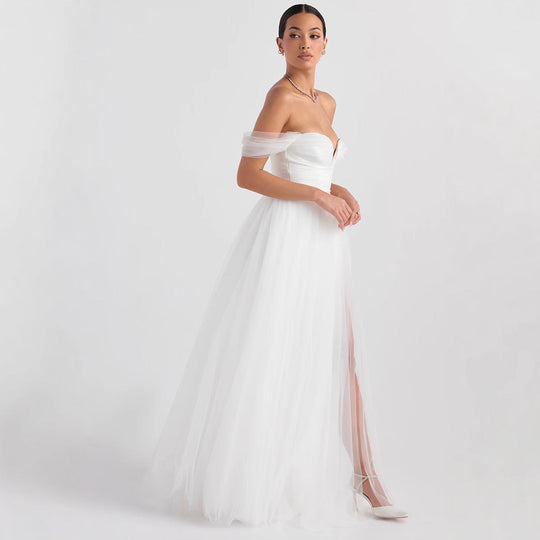 Damen Brautkleid mit Off Shoulder und hohem Schlitz | Maxi