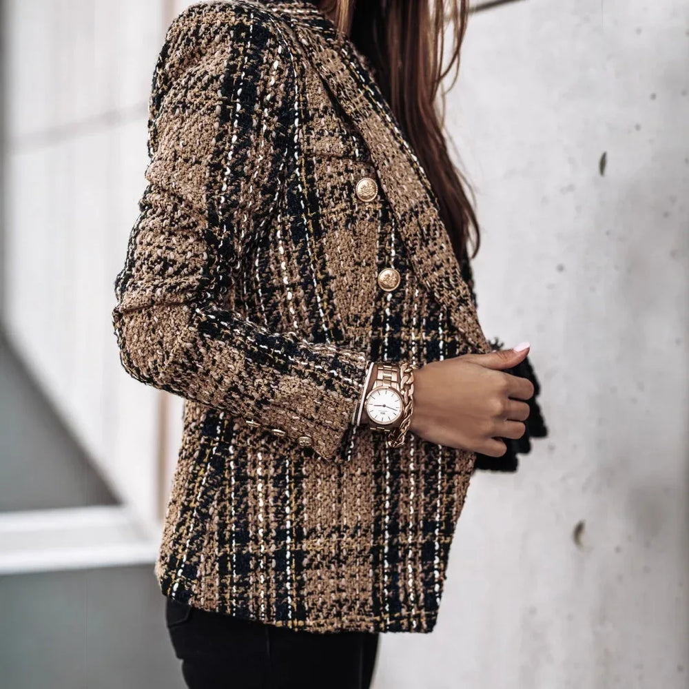 Damen Blazer im Karo-Muster | Doppelreihig Hüftlang