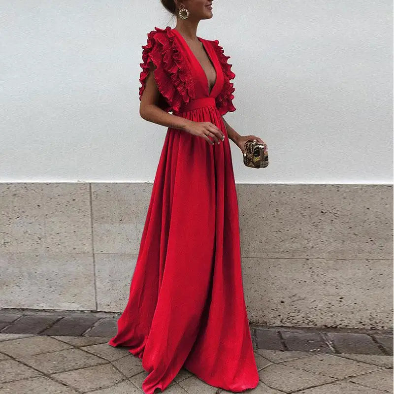 Abendkleid Damen | Kurzarm Mit Rüschendetail Maxi