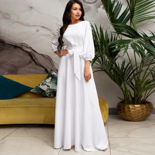 Damen Brautkleid mit Rundhalsausschnitt und Bindegürtel | Maxi