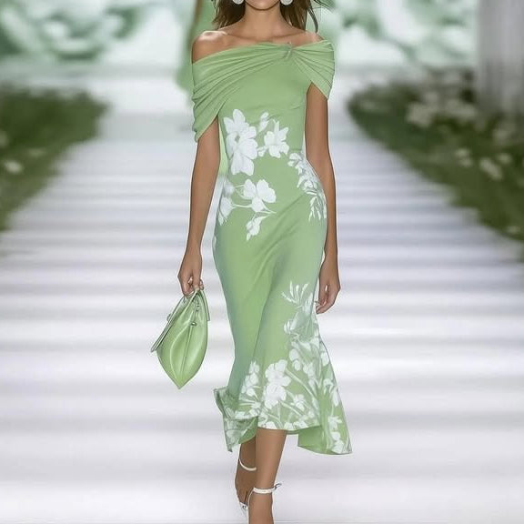 Abendkleid Damen mit Blumenmuster | Midi Schulterfrei