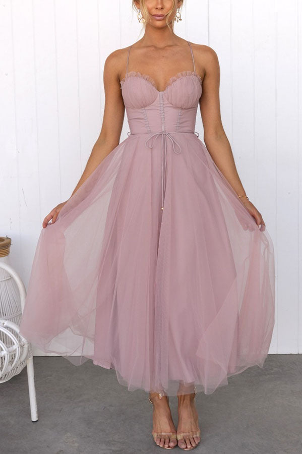 Abendkleid Damen | Midi mit Trägern und Mehrlagigem Rock