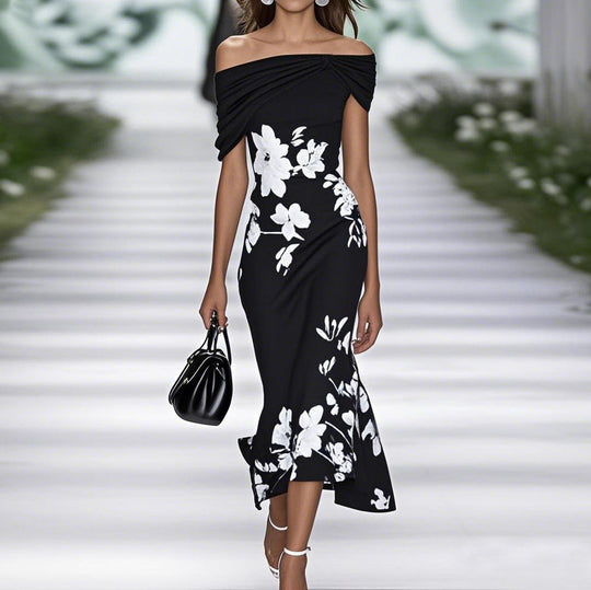 Abendkleid Damen mit Blumenmuster | Midi Schulterfrei