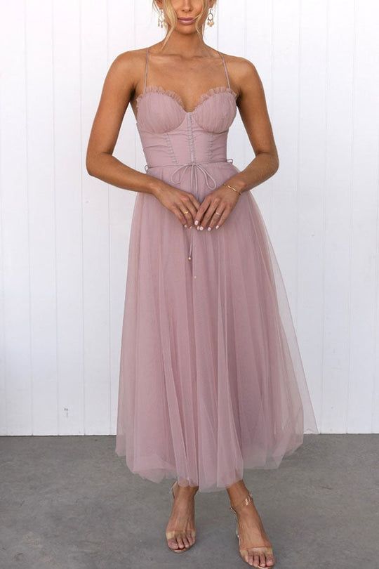 Abendkleid Damen | Midi mit Trägern und Mehrlagigem Rock
