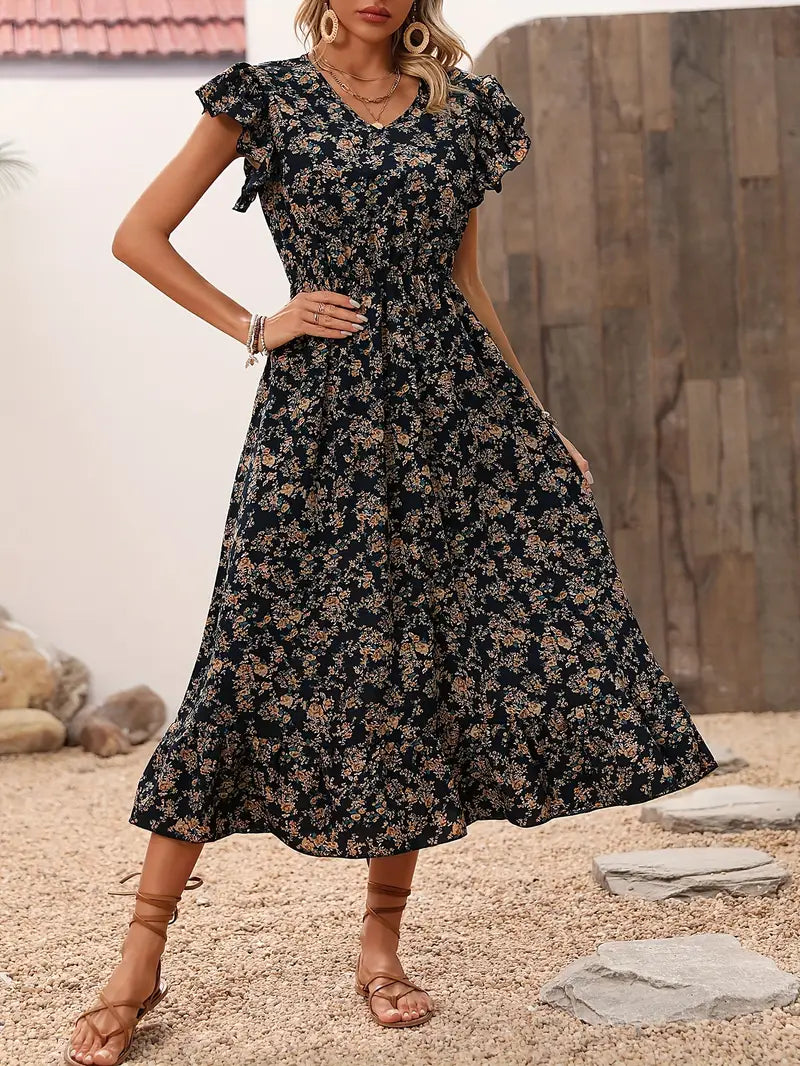 Lily – Florales Kleid Mit V-ausschnitt Und Eleganten Rüschenärmeln