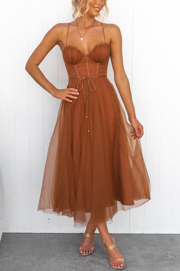 Abendkleid Damen | Midi mit Trägern und Mehrlagigem Rock