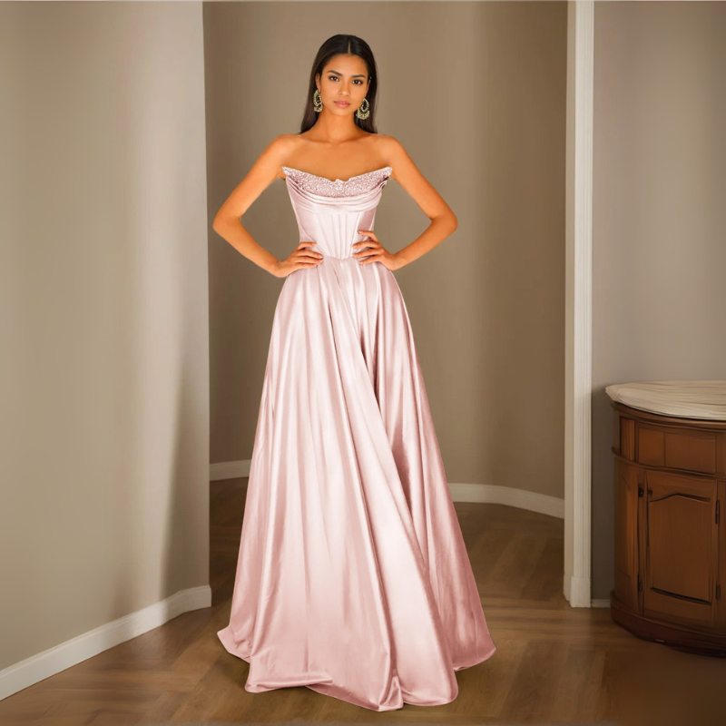 Damen Pailletten Abendkleid | Trägerloses Plissee Maxikleid