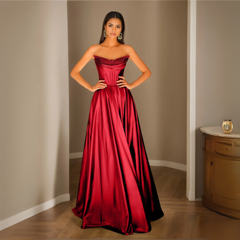 Damen Pailletten Abendkleid | Trägerloses Plissee Maxikleid