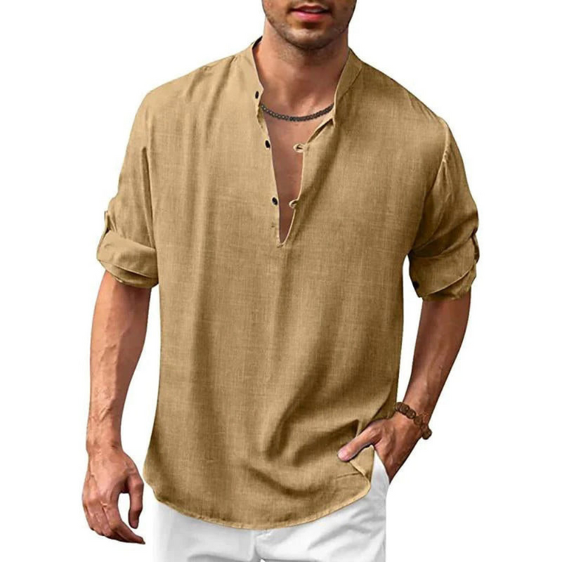 Herren Freizeithemd mit V-Ausschnitt | Langarm Shirt mit Knopfleiste
