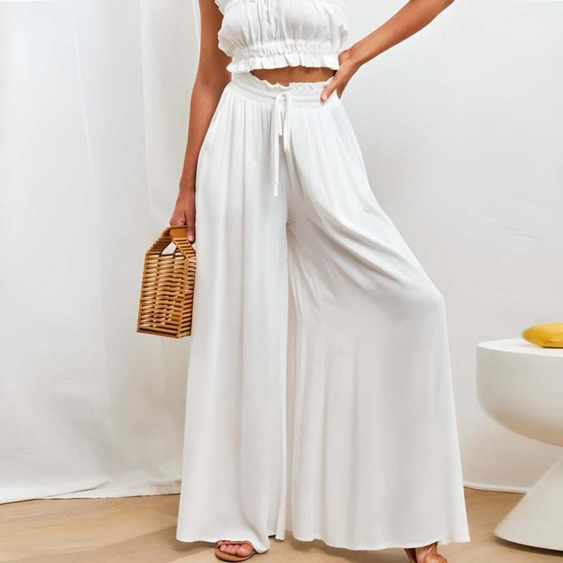 Weite Damenhose mit Hoher Taille | Sommerhose mit Bindegürtel & weitem Bein