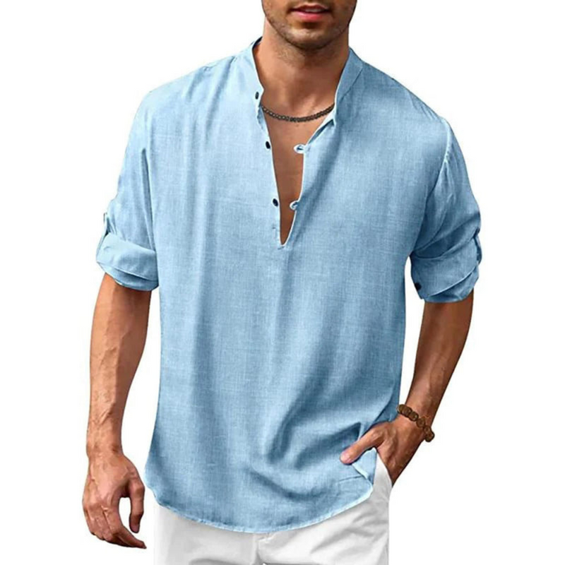 Herren Freizeithemd mit V-Ausschnitt | Langarm Shirt mit Knopfleiste
