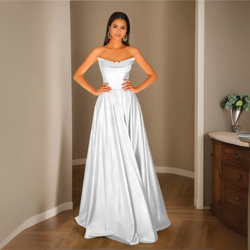 Damen Pailletten Abendkleid | Trägerloses Plissee Maxikleid