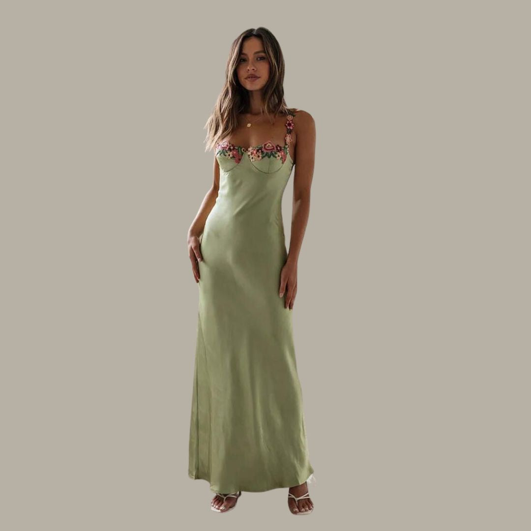 Elise - Maxikleid Mit Bestickten Blumen Und Hohem Schlitz