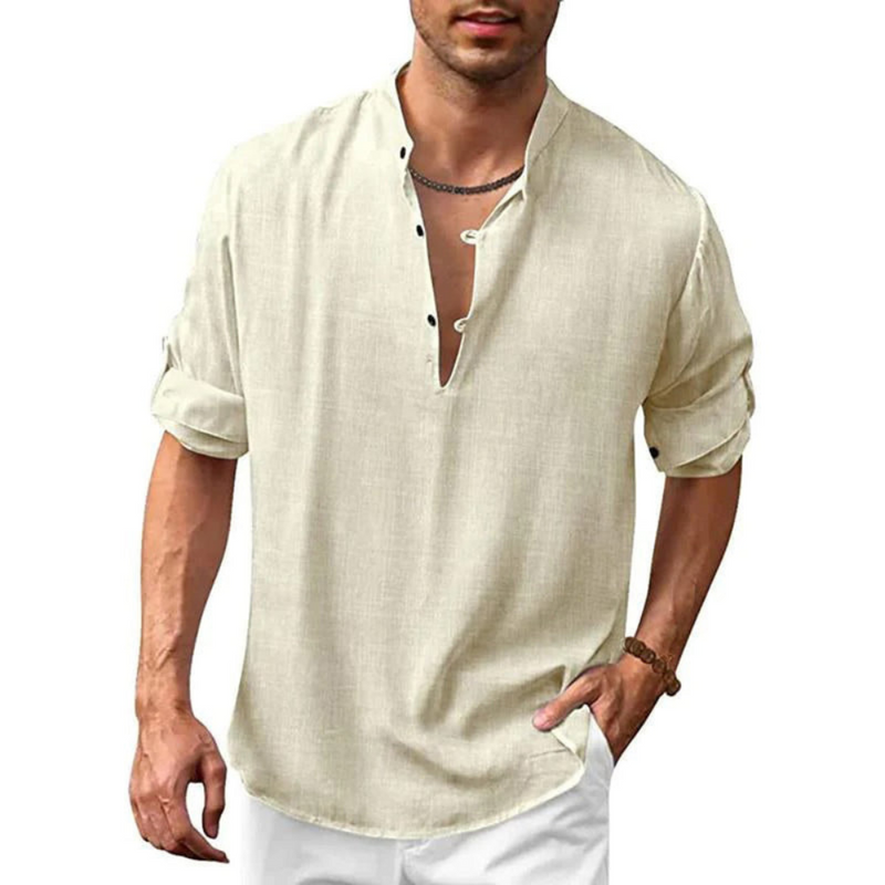 Herren Freizeithemd mit V-Ausschnitt | Langarm Shirt mit Knopfleiste