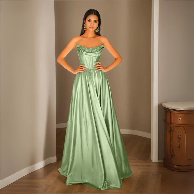 Damen Pailletten Abendkleid | Trägerloses Plissee Maxikleid
