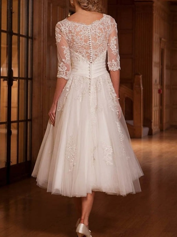 Damen Brautkleid mit Illusionsausschnitt und 3/4 Ärmeln | Midi