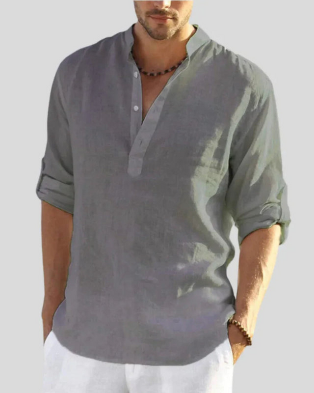 Herren Freizeithemd mit Stehkragen | Langarm Shirt mit halber Knopfleiste