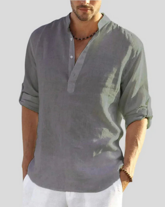 Herren Freizeithemd mit Stehkragen | Langarm Shirt mit halber Knopfleiste
