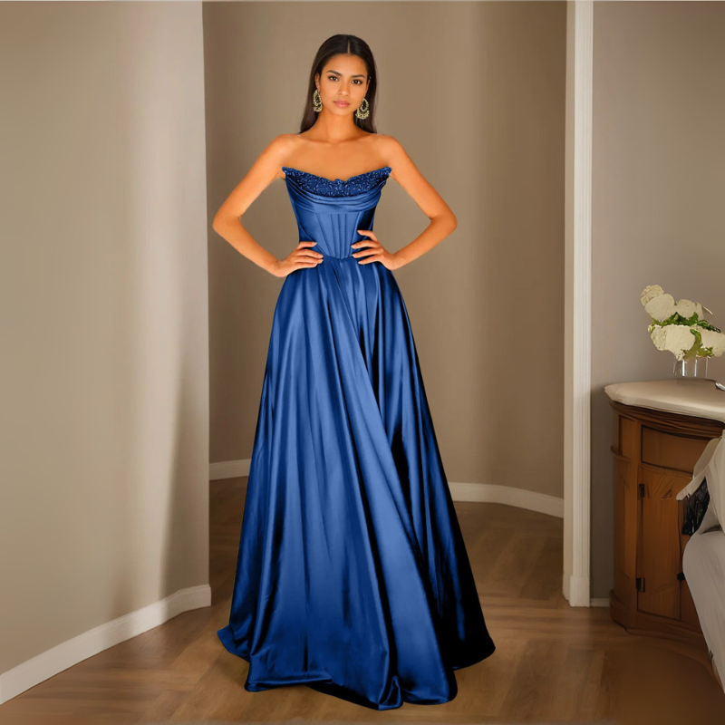 Damen Pailletten Abendkleid | Trägerloses Plissee Maxikleid