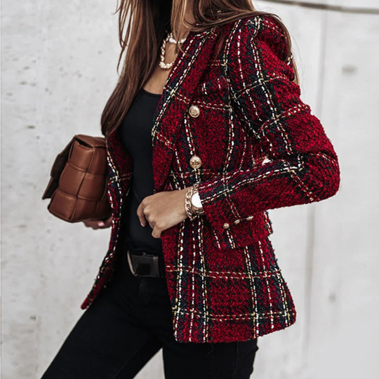 Damen Kariertes Blazer Jacket mit Taschen | Langer Schnitt