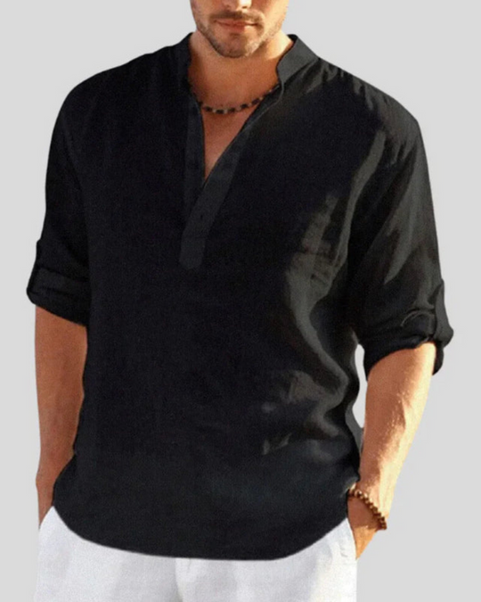 Herren Freizeithemd mit Stehkragen | Langarm Shirt mit halber Knopfleiste