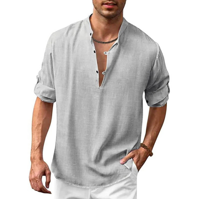 Herren Freizeithemd mit V-Ausschnitt | Langarm Shirt mit Knopfleiste