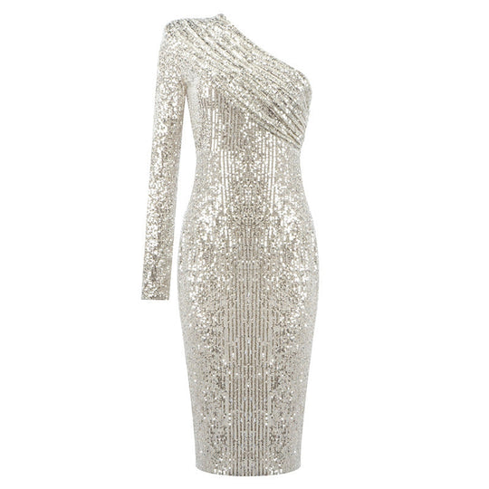 Damen Pailletten Abendkleid | One-Shoulder Etuikleid Knielang
