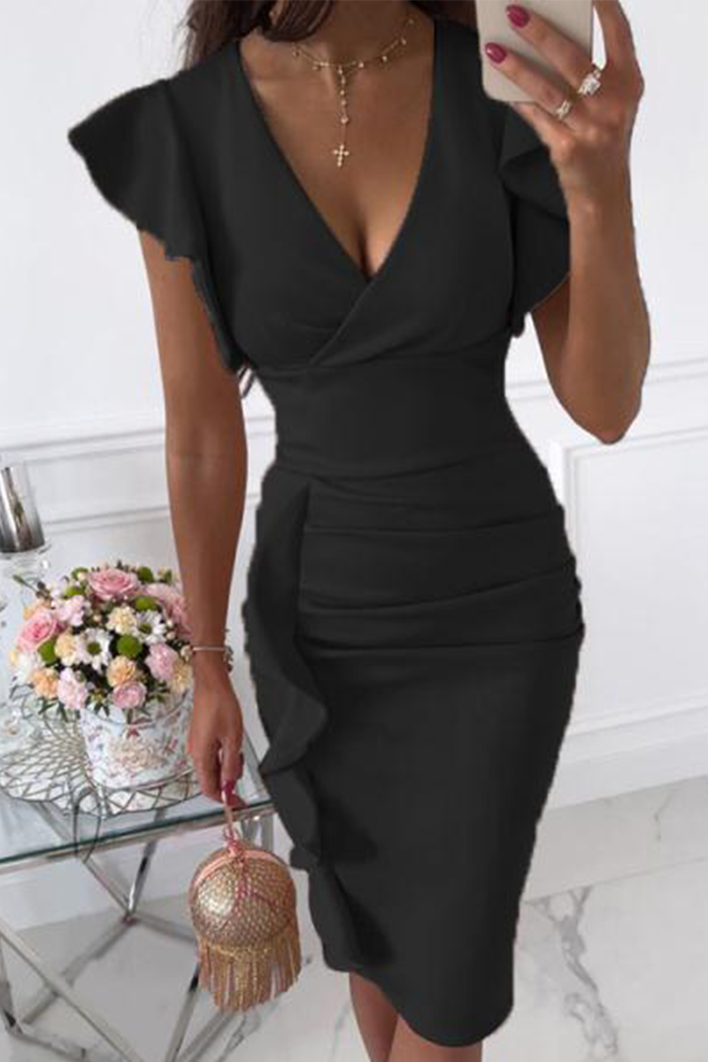 Damen Abendkleid mit V-Ausschnitt und Kurzen Ärmeln | Midi
