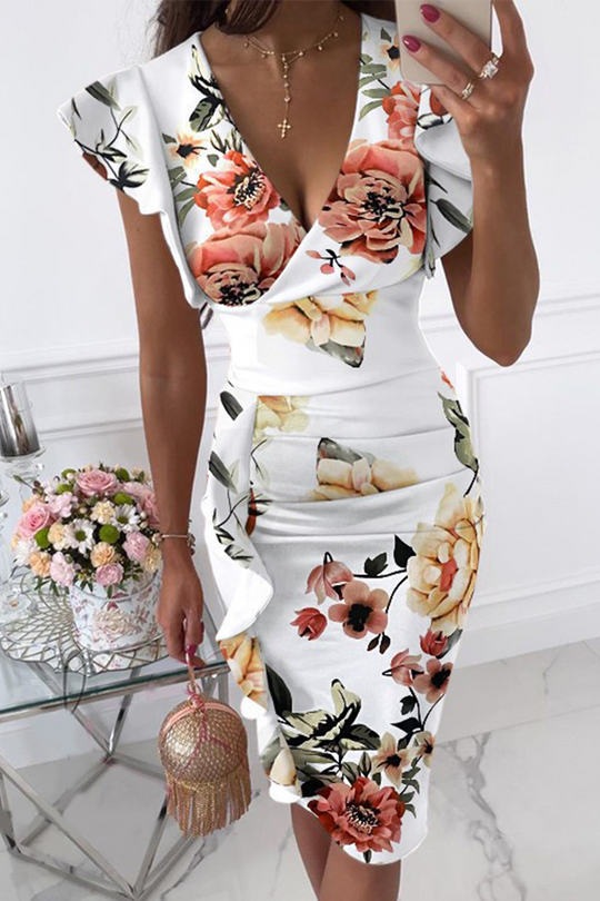 Damen Abendkleid mit V-Ausschnitt und Kurzen Ärmeln | Midi