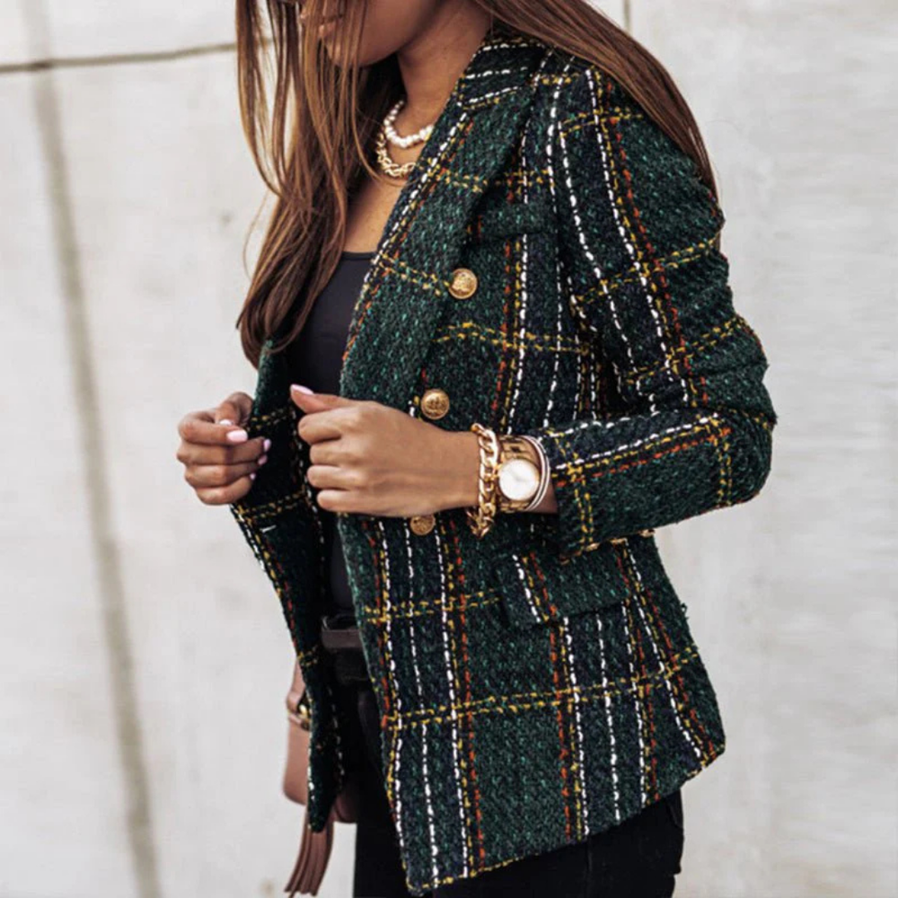 Damen Kariertes Blazer Jacket mit Taschen | Langer Schnitt