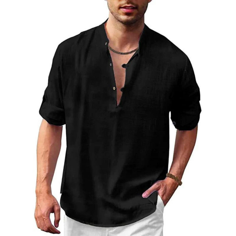 Herren Freizeithemd mit V-Ausschnitt | Langarm Shirt mit Knopfleiste