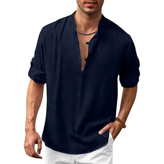 Herren Freizeithemd mit V-Ausschnitt | Langarm Shirt mit Knopfleiste