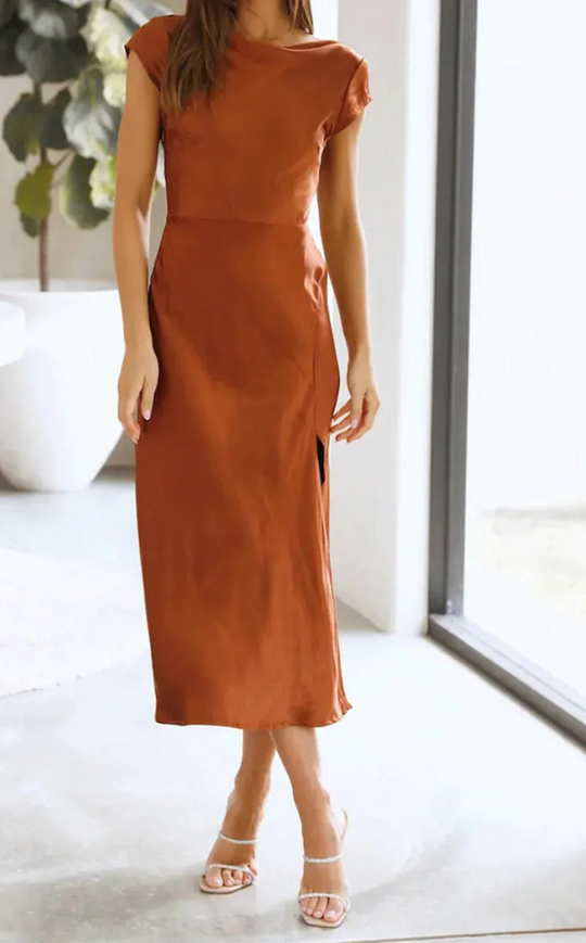 Damen Abendkleid mit Rundhalsausschnitt und Cap Sleeves | Midi