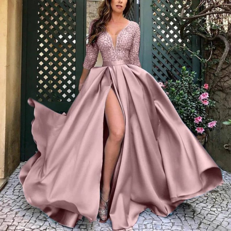 Damen Bodenlanges A-Linien Paillettenkleid Mit V-Ausschnitt | Elegant