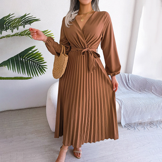 Abendkleid Damen | Lange Ärmel Midi Mit Bindegürtel