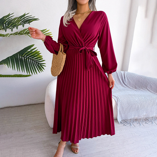 Abendkleid Damen | Lange Ärmel Midi Mit Bindegürtel