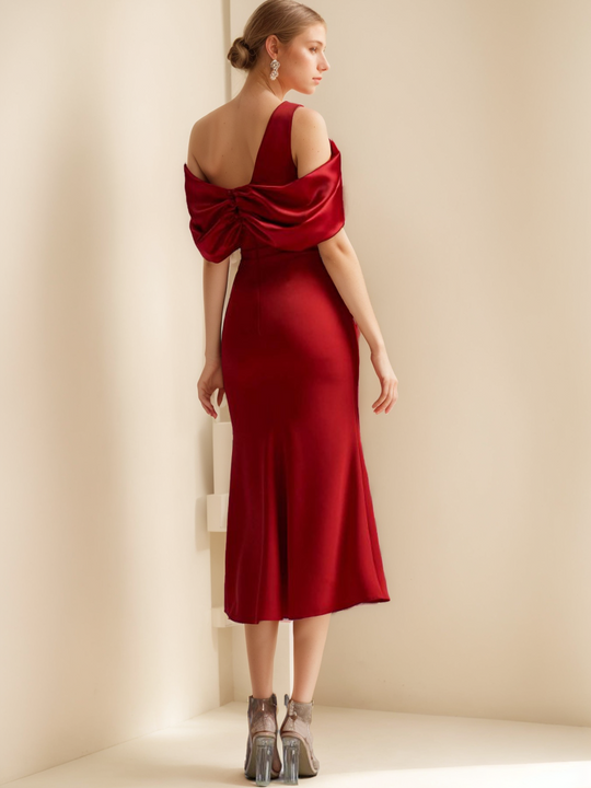 Damen Abendkleid | Schulterfreies Midikleid mit Kurzarm